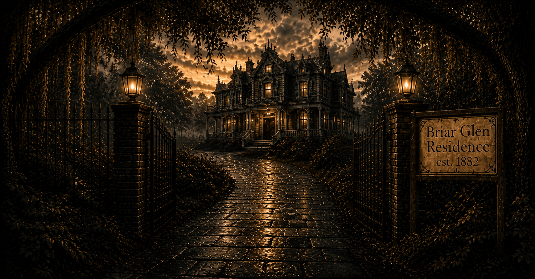Briar Glen Residence at night under a stormy sky