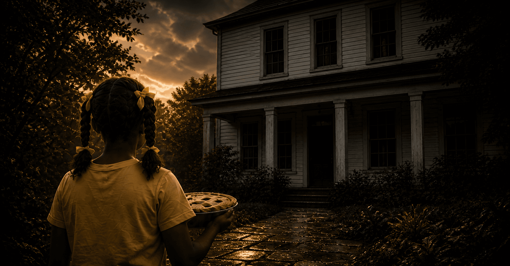 A young girl carries a warm pie toward Briar Glen — the mystery begins here