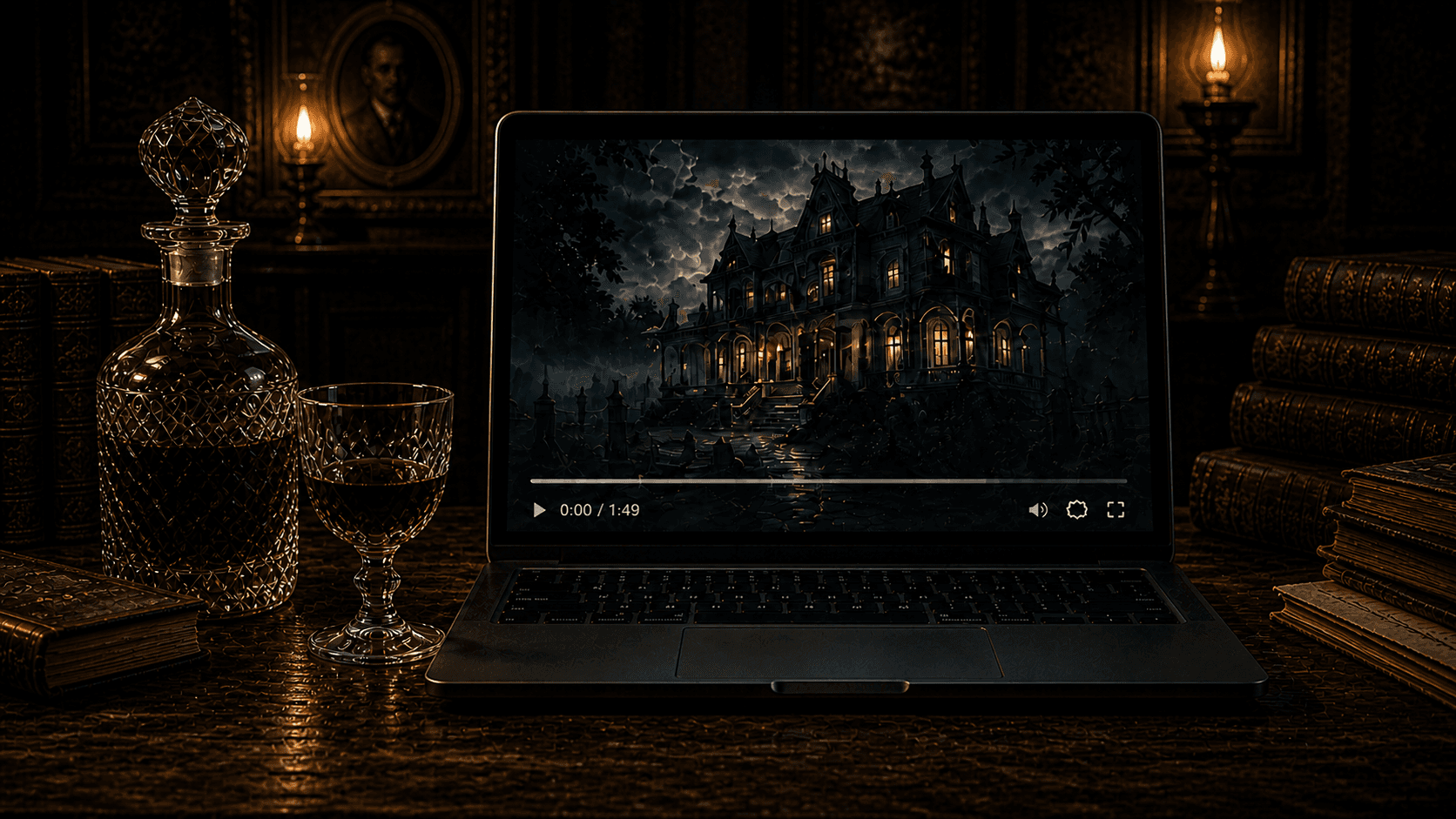 A cinematic still — a laptop screen glowing in a candlelit room beside a glass of wine